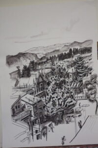 A black and white drawing of Katooomba with mountains skyline in the distance