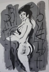 a black and white nude figure drawing with umbrella