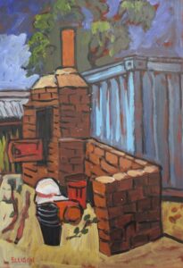 painting of a backyard bbq and pizza oven