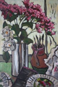 a painting of pink and white flowers in a still life arrangement